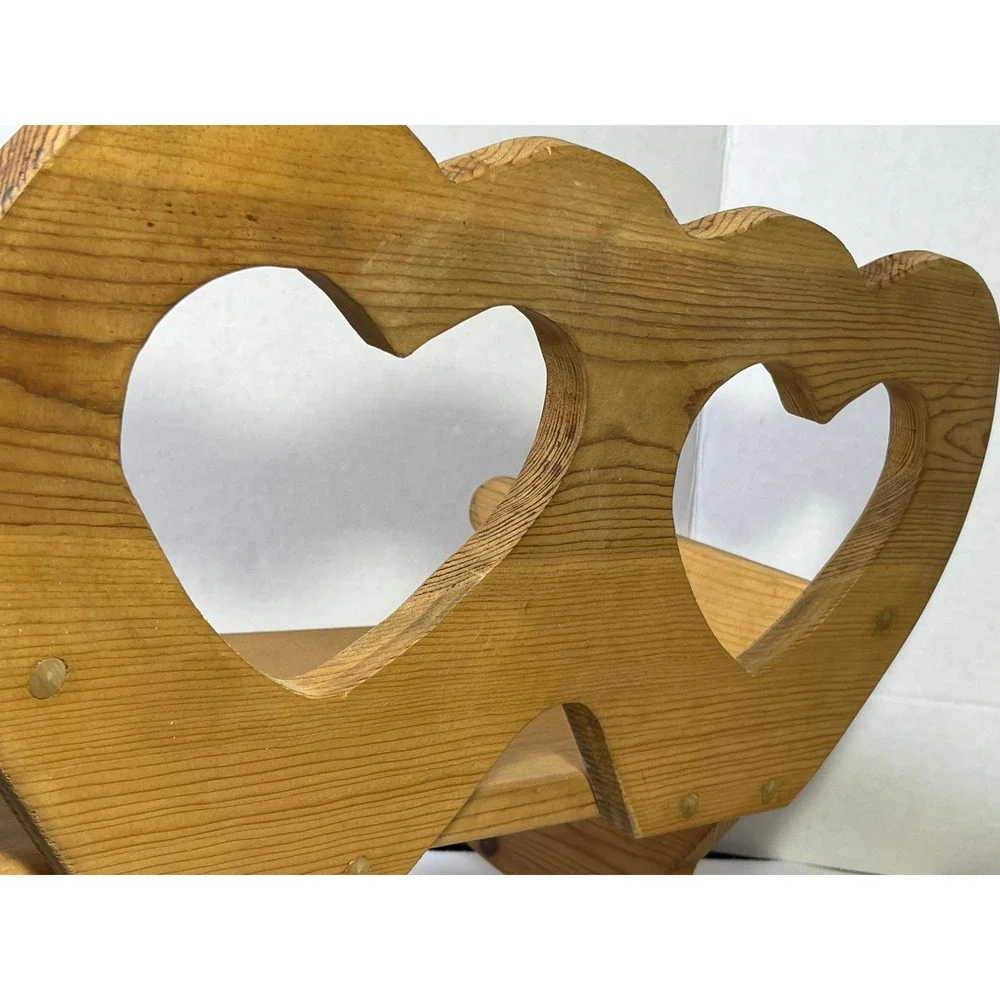 Vintage Wooden Cottagecore Rocking Bench Heart Cutouts Pine  Natural Finish